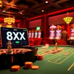 The interactive online gambling experience at nhà cái 8XX with luxurious poker tables, spinning roulette wheels, and vibrant slot machines.