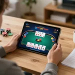 Player enjoying poker on king88, showcasing active gameplay on tablet with strategic notes