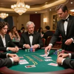 MM88 players engaged in strategic blackjack gameplay at luxury casino table.