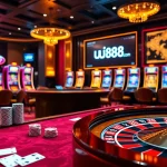 Play and win at uu88 com, featuring a vibrant casino scene with poker chips and roulette wheels.