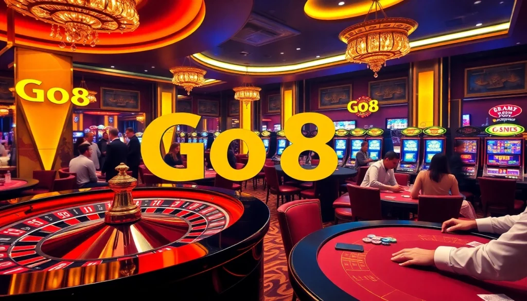 Go8 players enjoying thrilling casino games with vibrant roulette and poker tables.