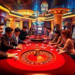 A lively casino scene at http://678vip.xyz/ showcasing players engaging in poker and roulette, capturing the excitement of gambling.