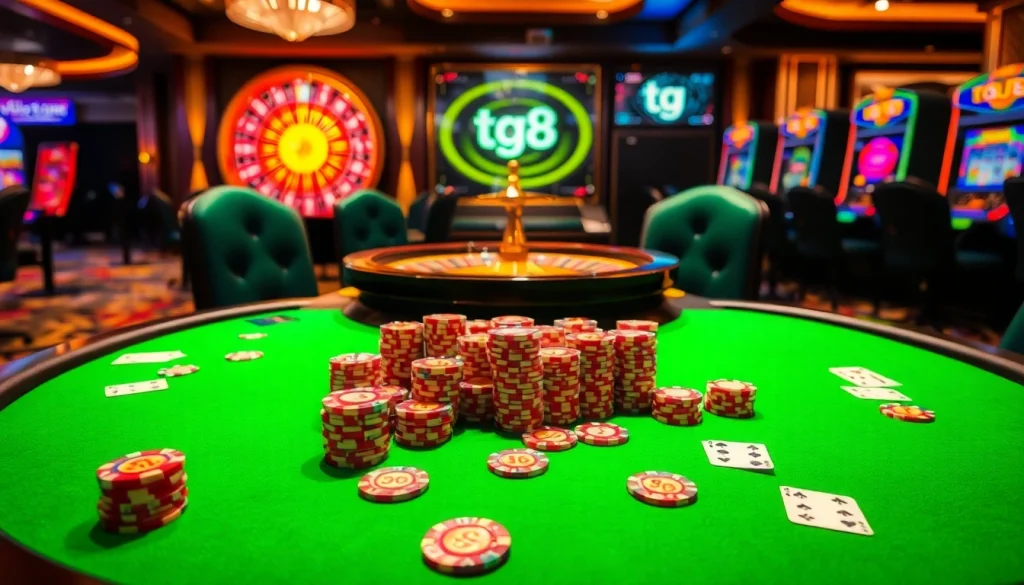 Engaging gamblers at a TG 88 casino table with vibrant cards and chips.