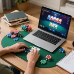 Bong88 player engaging in strategic online poker game at home, chips visible, laptop screen showing vibrant game interface