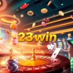 Players celebrating big wins at 23win online casino with vibrant slot machines and roulette.