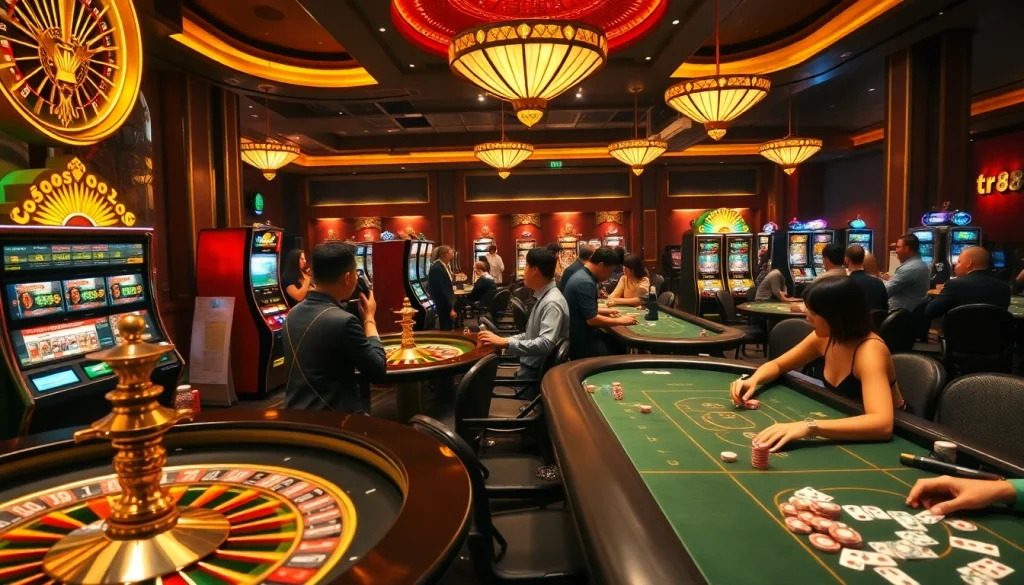 Gamblers enjoying tabletop games at a luxurious casino featuring tr88 branding and vibrant activity.