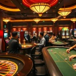 Gamblers enjoying tabletop games at a luxurious casino featuring tr88 branding and vibrant activity.