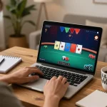 Engaging in online poker gameplay at https://99win.actor/ with vibrant cards and chips on laptop.