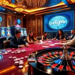 Experience the excitement at LuckyWin's luxurious casino tables filled with vibrant slot machines.