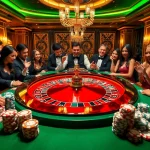 An exciting casino scene with players engaged in high-stakes gameplay at https://luck88.bar/, showcasing colorful chips and a roulette table.