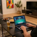 Engaging in online poker at home using laptop on the platform https://888now.cfd/ offering competitive gameplay and strategic excitement