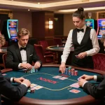 Play poker at DEBET in an upscale VIP casino setting with chips and cards displayed.