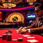Nohu90 players enjoying a high-stakes card game at a glamorous casino table.