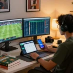 Tỷ lệ kèo bóng đá displayed on monitors in a vibrant sports betting analysis workspace.