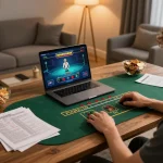 Player enjoying BL555 live casino gaming at home with strategic notes and cozy atmosphere.