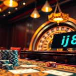 A thrilling gambling scene at a luxurious casino featuring bj38 betting chips and cards.