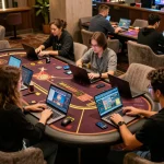 Engaging online gaming experience at km777 with players using laptops and mobiles in a stylish setup