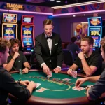 Exciting scene of players enjoying various games at 23win online casino, illuminated by vibrant neon lights.