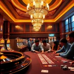 Gambling excitement at a casino featuring NET88 slots and poker tables, reflecting luxury.