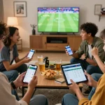 Friends engaging in sports betting on 1gom with live match updates and odds.