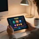 Engaging with the EE88 casino app on a tablet, showcasing strategic notes in a cozy home office.