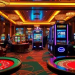 Players enjoying thrilling games at F168's luxurious casino, with vibrant slot machines and dynamic action.
