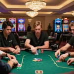 Players engage in a strategic poker game at lavish casino table showcasing vb88 betting atmosphere.
