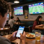 Bet on live sports with the Bsport app amidst friends in an exciting sports bar setting.