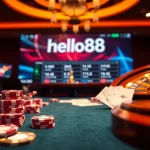 Engaged players at a Hello88 casino table with poker chips and cards, showcasing excitement in online gambling.