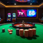 TV88 enhances your gaming experience with vibrant casino visuals of poker tables and slot machines.
