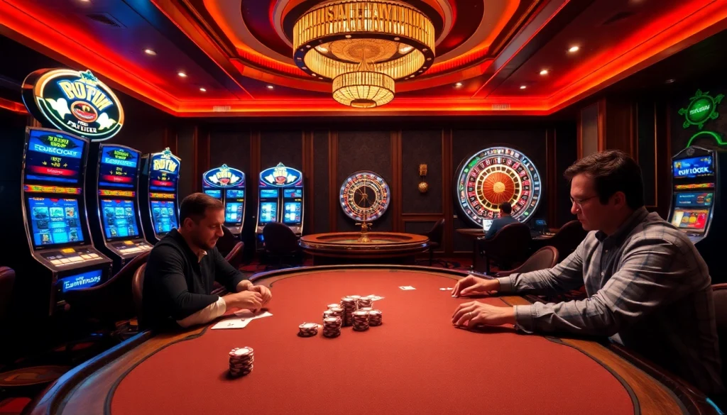 Players enjoying an immersive poker game at https://sunwin5.org/, surrounded by vibrant slot machines and an elegant roulette wheel.