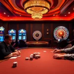 Players enjoying an immersive poker game at https://sunwin5.org/, surrounded by vibrant slot machines and an elegant roulette wheel.