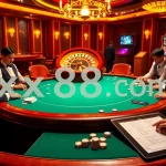 Experience thrilling gameplay at xx88 com with an elegant poker table setup, vibrant slot machines, and a roulette wheel.