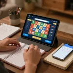 Engaged player checking lotto 9 4d results on tablet, surrounded by strategy notes in a cozy home