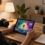 Engaging in Game bài đổi thưởng through an online tablet setup, showcasing gaming strategies in a cozy home environment