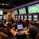 Engaged bettors placing wagers in vk88 sports lounge with live screens displaying events