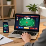 FC88 online gambling scene with user focused on laptop poker game strategy and betting app.