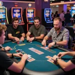 BJ888 online gaming session with diverse players at vibrant casino tables, showcasing a modern gaming environment.