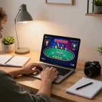 Engaging in strategic online poker gaming on a laptop while focusing on bankroll management at home.