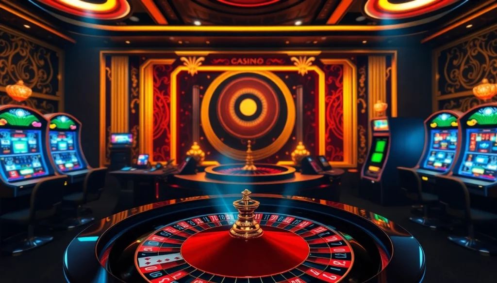 An engaging online casino scene featuring roulette and slot machines, highlighting https://88aa.law/ for an immersive gambling experience.