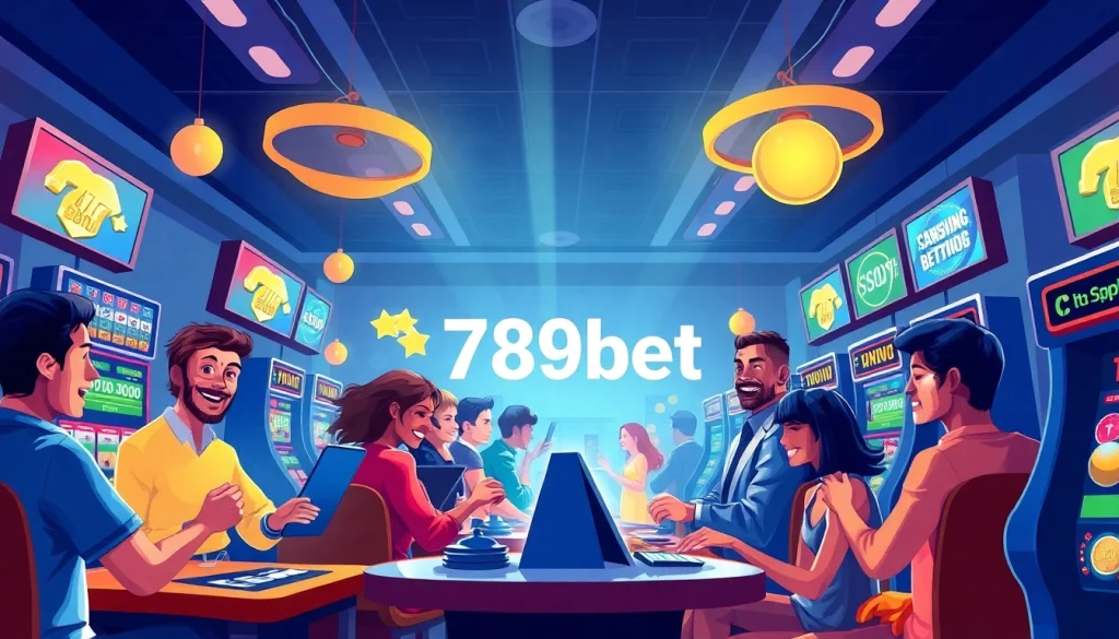 Dynamic illustration showcasing 789bet's exciting online gambling experience with diverse players and vibrant gaming elements.