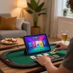 KUBET player engaged in blackjack on tablet in cozy home setup with snacks.