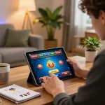 Engaging online gaming experience at Nk 88 with player focused on tablet and strategy notes