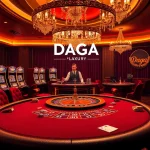 Daga players enjoying high-stakes poker at a luxurious casino table surrounded by vibrant slot machines.