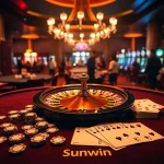 Sunwin casino scene with roulette wheel, playing cards, and vibrant chips in a luxurious setting.