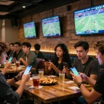 SOC88 patrons engaging in live sports betting at a trendy bar while discussing odds and strategies