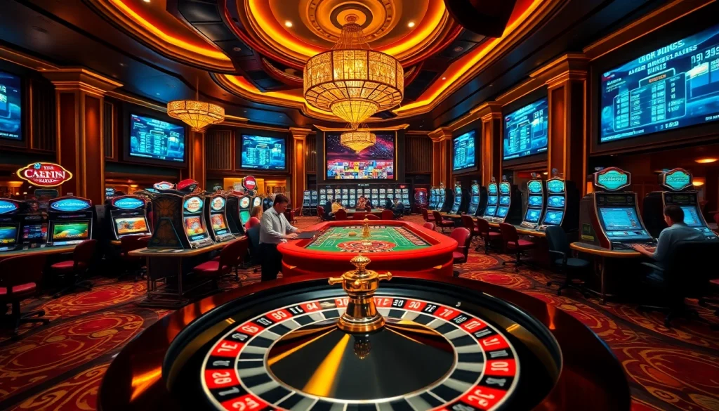 Exciting gambling scene at okfun casino with vibrant gaming tables and roulette wheel.