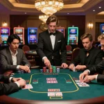 Twin68 poker players strategizing at a luxurious table in a high-stakes casino atmosphere.