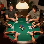 Players enjoying an exciting poker game night at home with keonhacaii88, showcasing chips, cards, and camaraderie