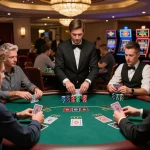 Players enjoying an engaging game at vu88 blackjack table with colorful chips and cards in hand.